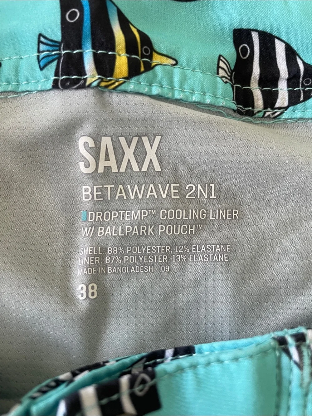 Saxx Teal Fish-Pattern Swim Trunks